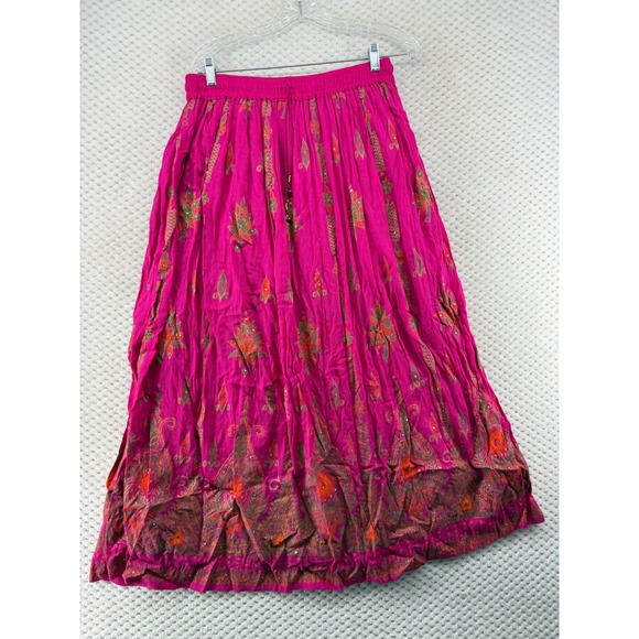Unbranded Maxi Skirt Women One Size Fuchsia Pink Paisley Boho Pleated Drawstring - Picture 2 of 7